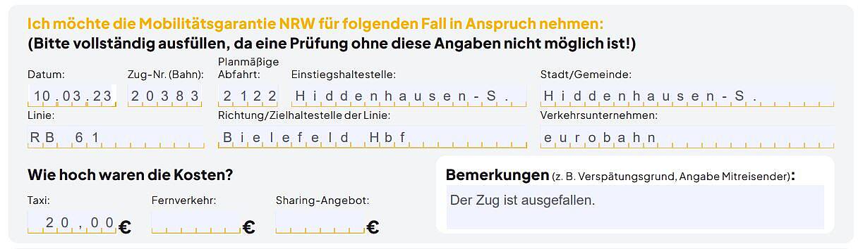 Ticket über die Mobilitätsgarantie